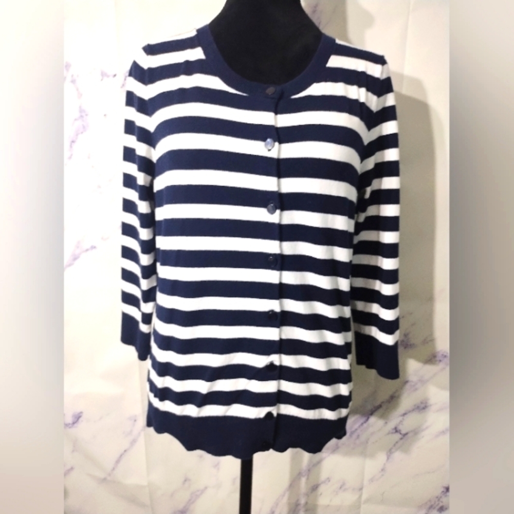 Navy blue and white striped cardigan